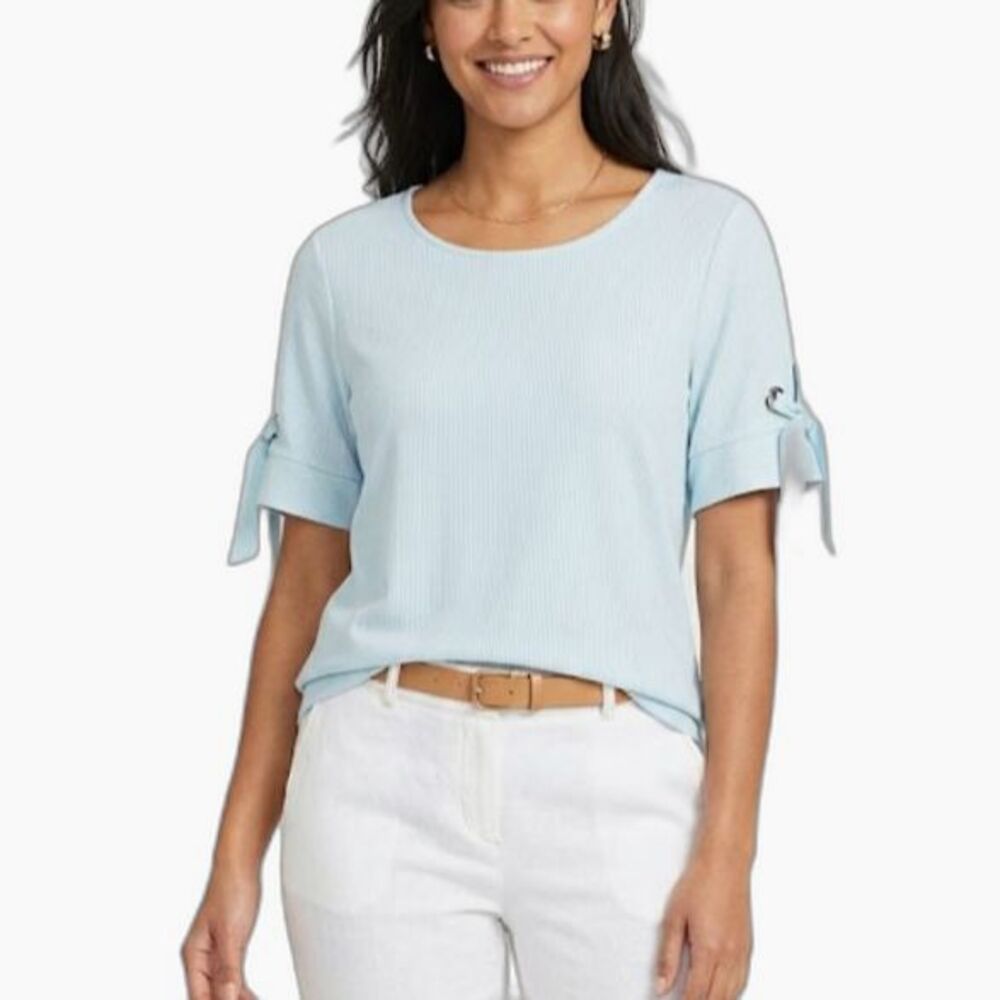 Tribal Women's White Aqua Blue Pinstripe Round Neck Ruffled Tied SS Top Size XXL
